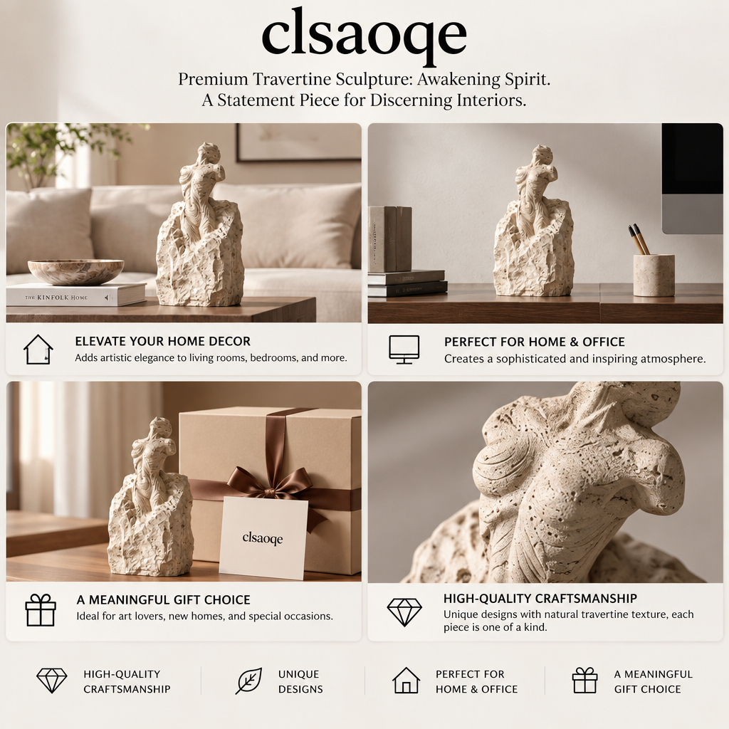 clsaoqe Natural Travertine Torso Sculpture, Handcrafted Abstract Female Body Statue, Modern Raw Stone Aesthetic Art Decor for Living Room, Bookshelf, and Office