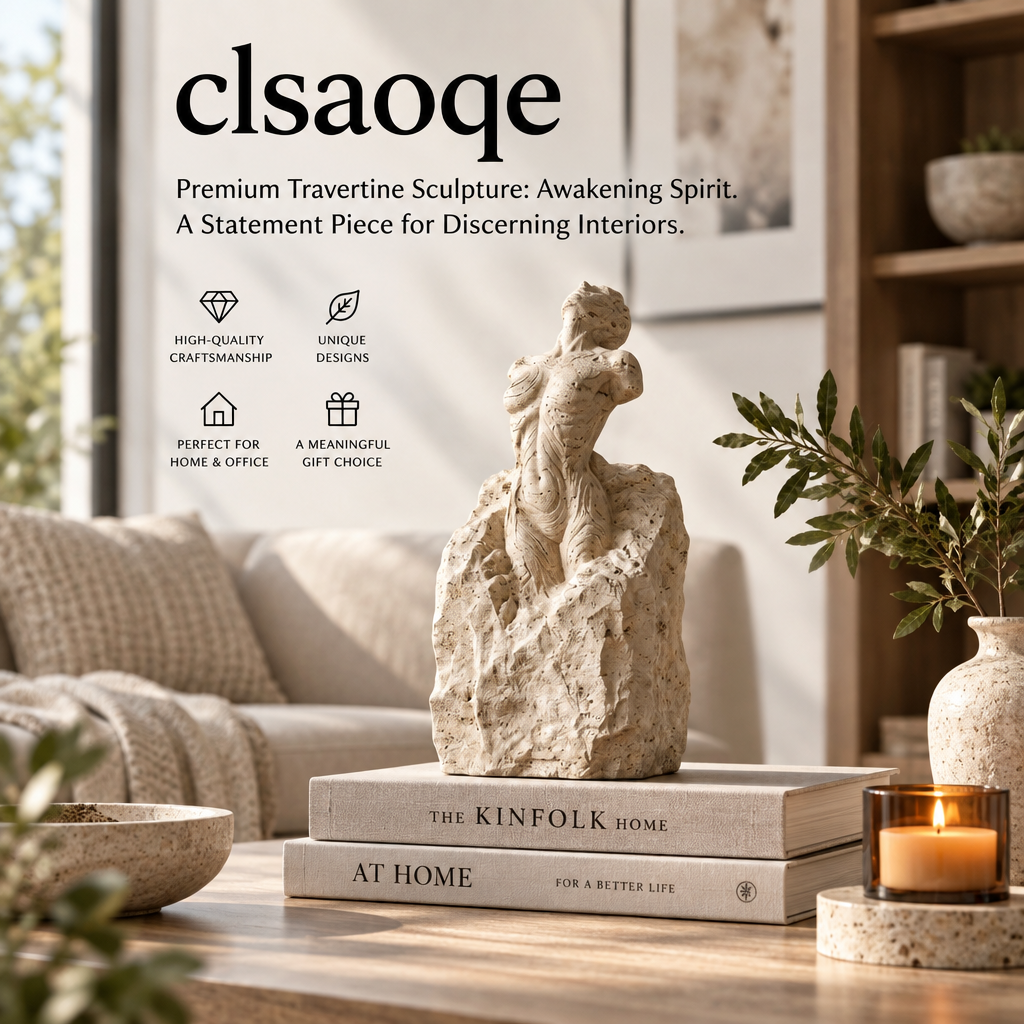 clsaoqe Natural Travertine Torso Sculpture, Handcrafted Abstract Female Body Statue, Modern Raw Stone Aesthetic Art Decor for Living Room, Bookshelf, and Office
