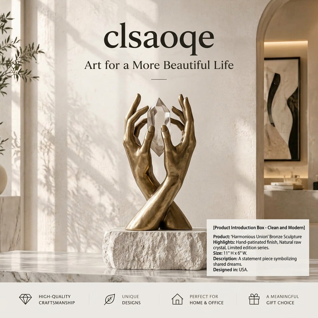 clsaoqe Modern Hands Holding Natural Crystal Sculpture with Solid Stone Base, 11" Hand-Painted Bronze Finish Art Figurine, Aesthetic Tabletop Decor for Living Room, Office & Home