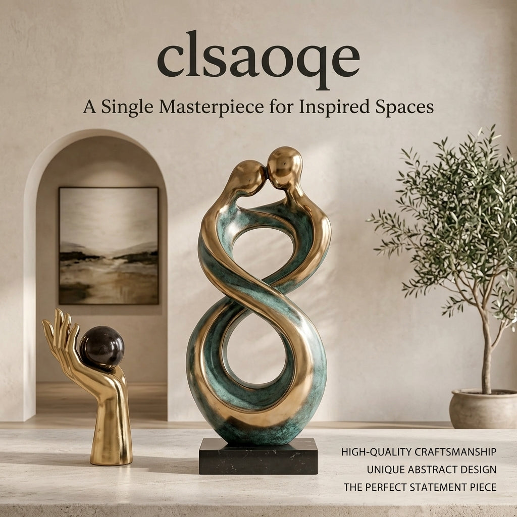 clsaoqe Abstract Couple Infinity Statue - Modern Gold and Antique Green Art Sculpture with Marble Base, Romantic Resin Figurine Home Decor Accent for Living Room, Bookshelf, Bedroom, Wedding & Anniversary Gift