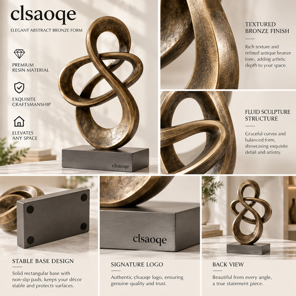 clsaoqe Modern Abstract Infinity Sculpture, Bronze Loop Art Statue with Solid Base, Contemporary Home Decor Accent for Living Room, Bookshelf, Office Desk & Console Table
