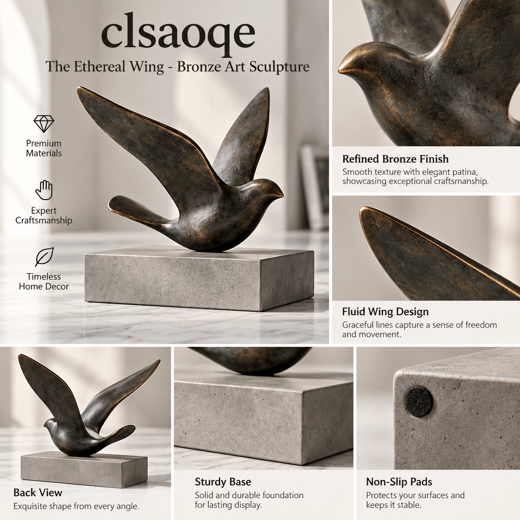 clsaoqe The Ethereal Wing Bronze Bird Sculpture - Modern Abstract Tabletop Decor & Statue for Living Room, Office & Bookshelf
