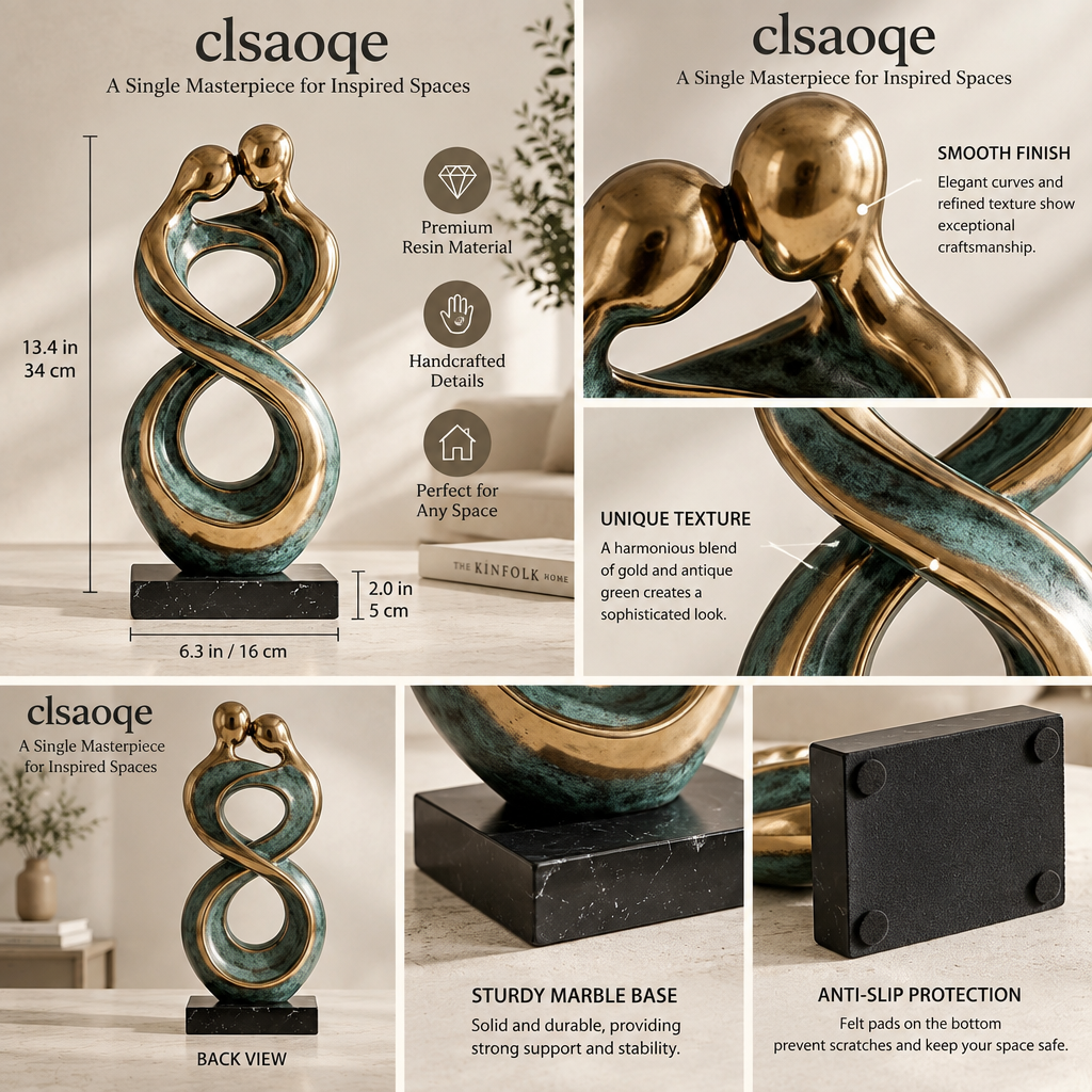 clsaoqe Abstract Couple Infinity Statue - Modern Gold and Antique Green Art Sculpture with Marble Base, Romantic Resin Figurine Home Decor Accent for Living Room, Bookshelf, Bedroom, Wedding & Anniversary Gift