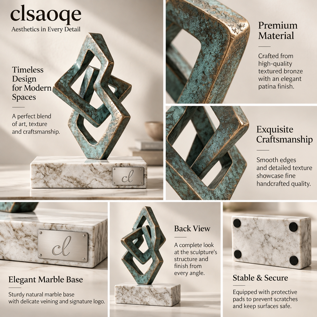 clsaoqe Abstract Geometric Bronze Sculpture with Natural Marble Base – Modern Interlocking Tabletop Art Decor for Living Room, Office, Bookshelf