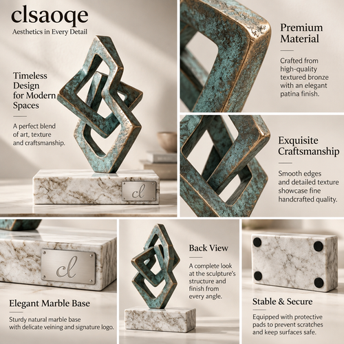 clsaoqe Abstract Geometric Bronze Sculpture with Natural Marble Base – Modern Interlocking Tabletop Art Decor for Living Room, Office, Bookshelf