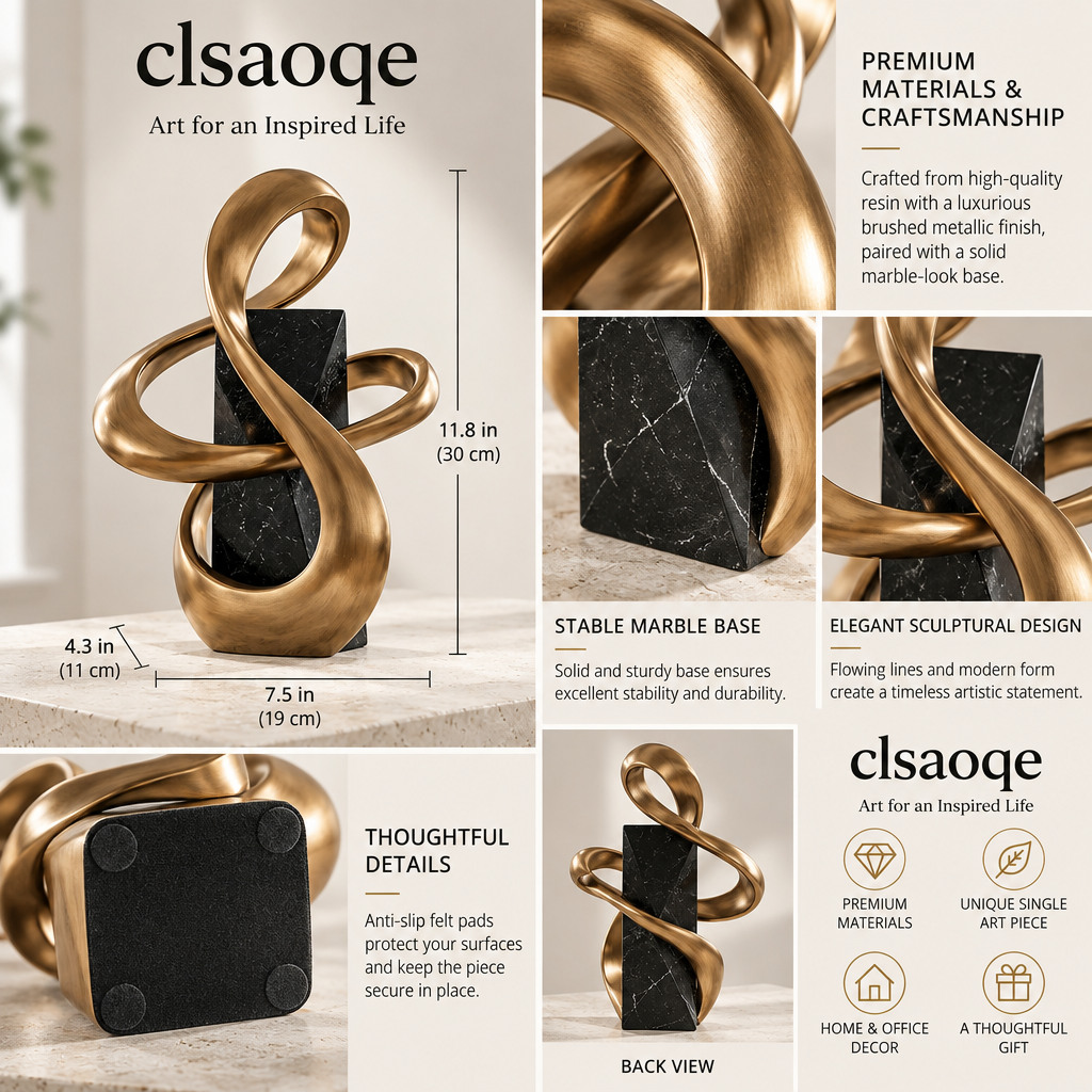 clsaoqe Modern Abstract Ribbon Sculpture - Luxury Brushed Gold Art Statue with Black Marble-Look Base for Living Room, Shelf, Office & Home Decor (11.8 Inch)