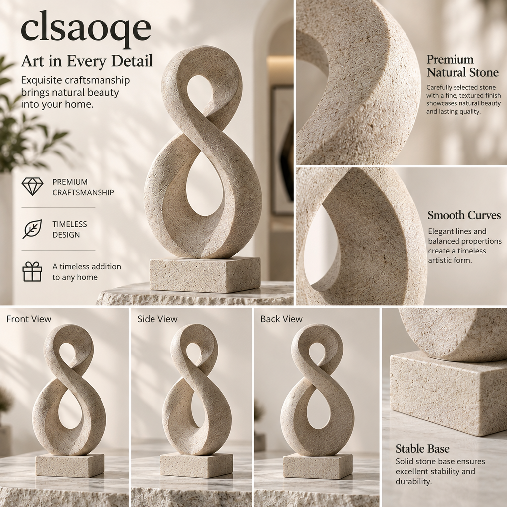 clsaoqe Modern Natural Stone Abstract Sculpture, Minimalist Infinity Loop Art Decor for Living Room, Bookshelf, Entryway, Coffee Table Centerpiece