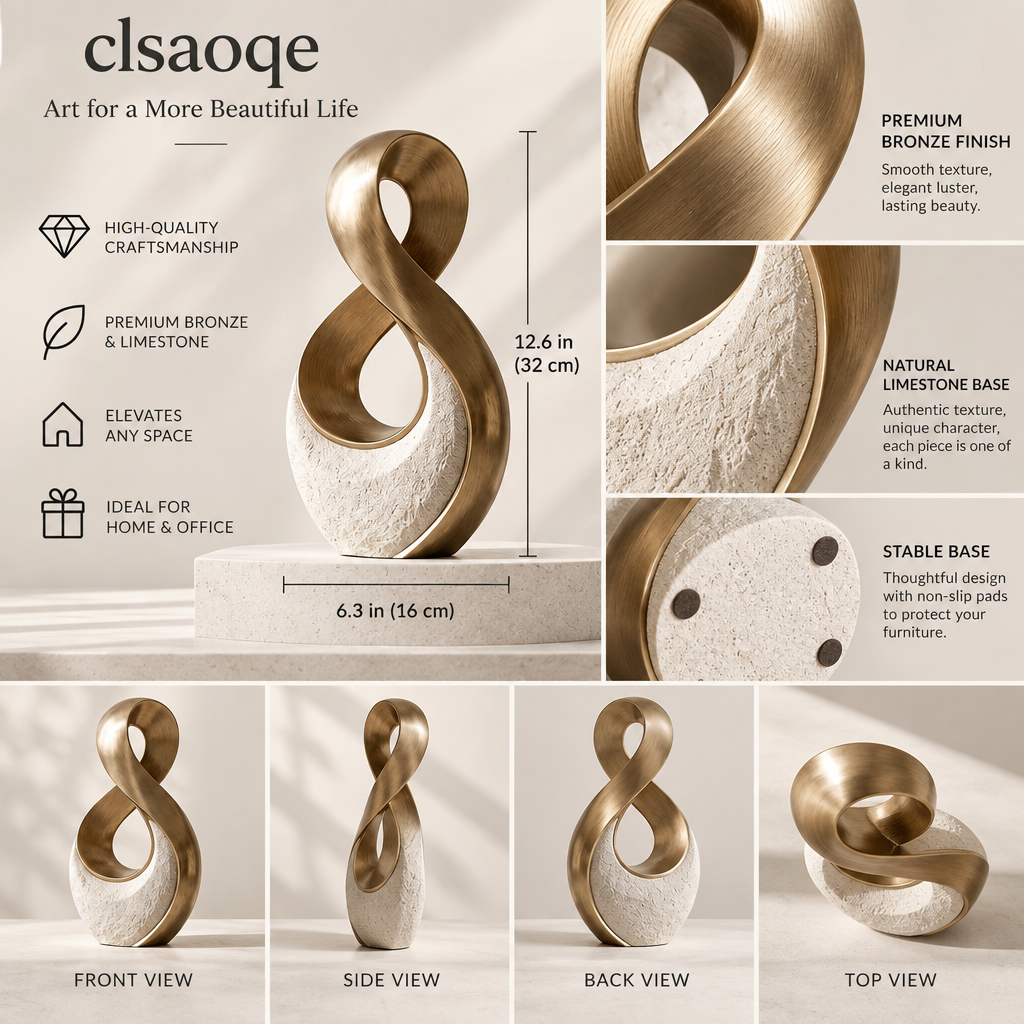 clsaoqe Modern Abstract Infinity Sculpture - Handcrafted Brushed Bronze & Textured Stone Accent Statue, Contemporary Tabletop Centerpiece for Living Room, Entryway, Office Decor