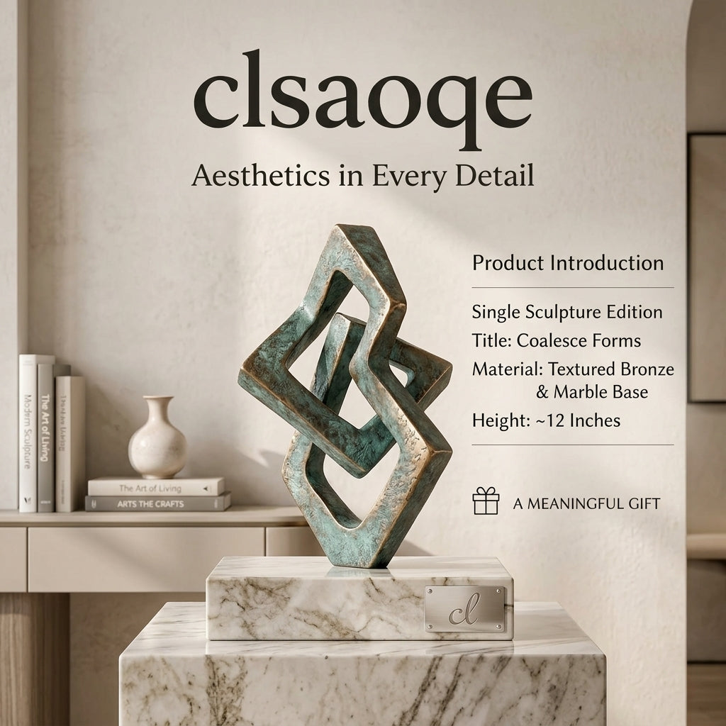 clsaoqe Abstract Geometric Bronze Sculpture with Natural Marble Base – Modern Interlocking Tabletop Art Decor for Living Room, Office, Bookshelf