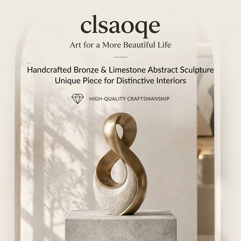 clsaoqe Modern Abstract Infinity Sculpture - Handcrafted Brushed Bronze & Textured Stone Accent Statue, Contemporary Tabletop Centerpiece for Living Room, Entryway, Office Decor