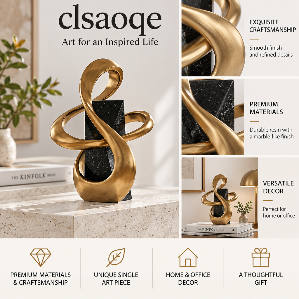 clsaoqe Modern Abstract Ribbon Sculpture - Luxury Brushed Gold Art Statue with Black Marble-Look Base for Living Room, Shelf, Office & Home Decor (11.8 Inch)