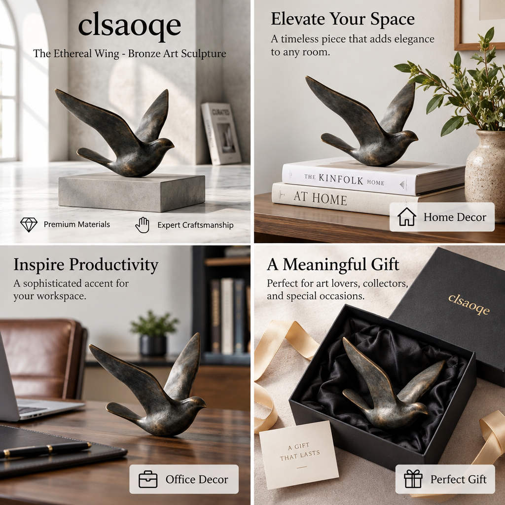 clsaoqe The Ethereal Wing Bronze Bird Sculpture - Modern Abstract Tabletop Decor & Statue for Living Room, Office & Bookshelf