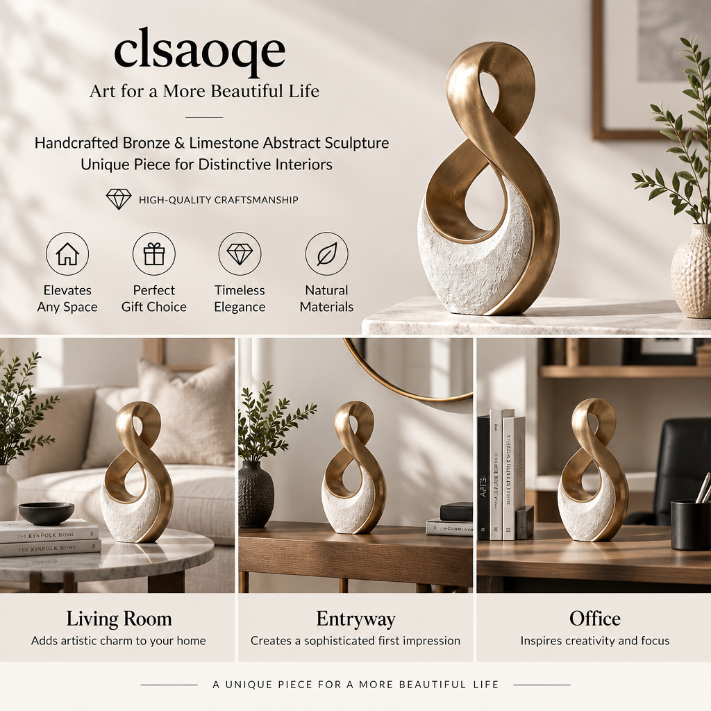 clsaoqe Modern Abstract Infinity Sculpture - Handcrafted Brushed Bronze & Textured Stone Accent Statue, Contemporary Tabletop Centerpiece for Living Room, Entryway, Office Decor