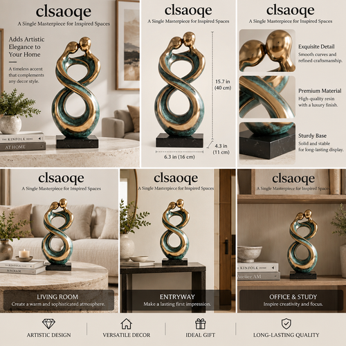 clsaoqe Abstract Couple Infinity Statue - Modern Gold and Antique Green Art Sculpture with Marble Base, Romantic Resin Figurine Home Decor Accent for Living Room, Bookshelf, Bedroom, Wedding & Anniversary Gift