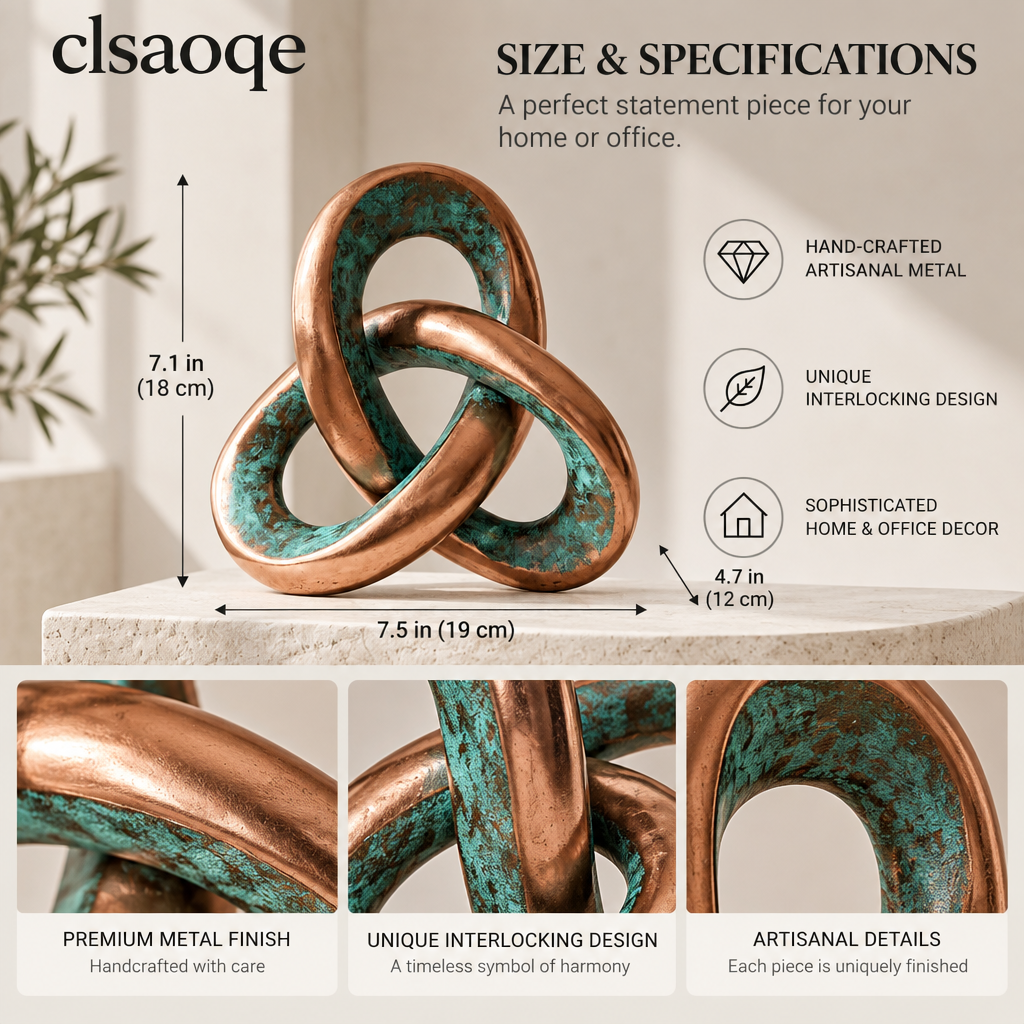 clsaoqe Handcrafted Metal Knot Sculpture, Modern Abstract Interlocking Tabletop Decor for Living Room, Bookshelf, Coffee Table & Office (Rustic Copper & Turquoise Finish, 7.5" x 7.1")