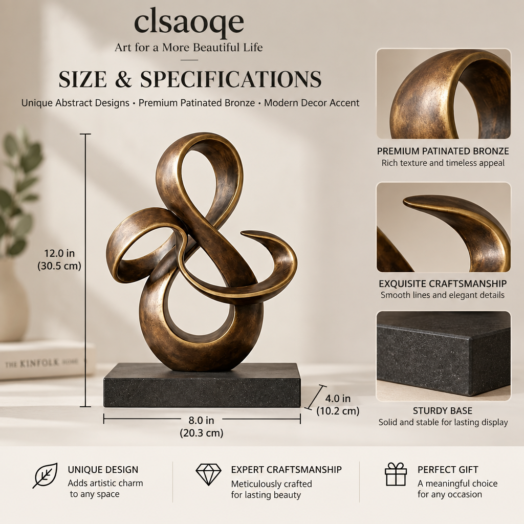 clsaoqe Modern Abstract Ribbon Sculpture - Handcrafted Patinated Bronze Art Statue with Heavy Base for Living Room, Bookshelf & Office Decor, Meaningful Gift for Home Accents