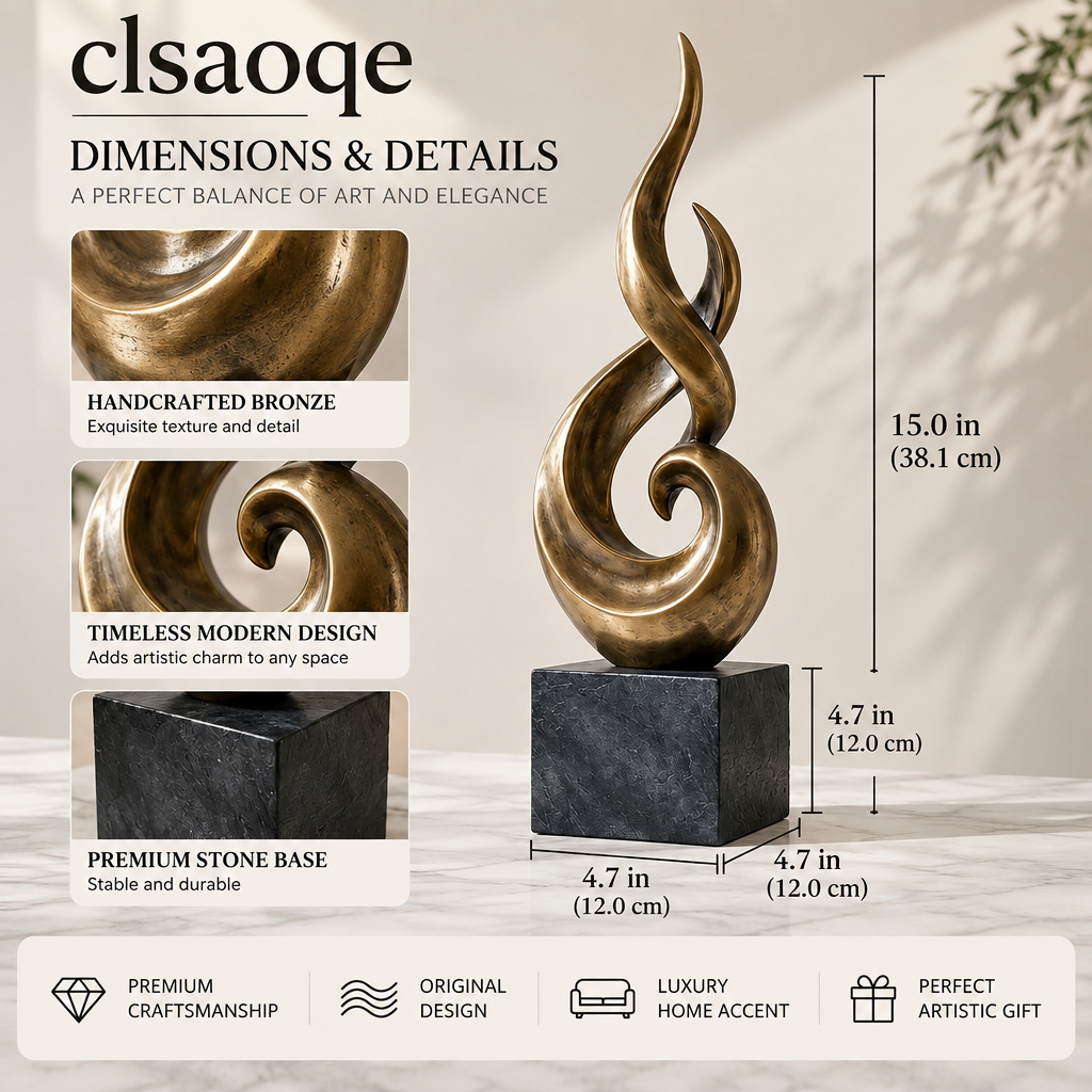 clsaoqe Elegant Spiral Bronze Sculpture - 15.7" Modern Abstract Flame Art Statue with Natural Stone Base & Anti-Scratch Pads, Luxury Centerpiece Decor for Living Room, Office Desk, Entryway