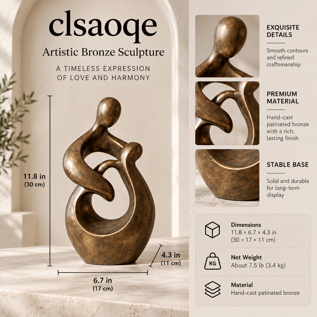 clsaoqe Artistic Bronze Sculpture - Modern Abstract Love & Family Statue, Hand-Cast Bronze Figurine Home Decor for Living Room, Office, Bookshelf, Mantel (11.8 Inch)