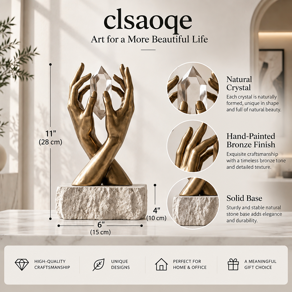 clsaoqe Modern Hands Holding Natural Crystal Sculpture with Solid Stone Base, 11" Hand-Painted Bronze Finish Art Figurine, Aesthetic Tabletop Decor for Living Room, Office & Home