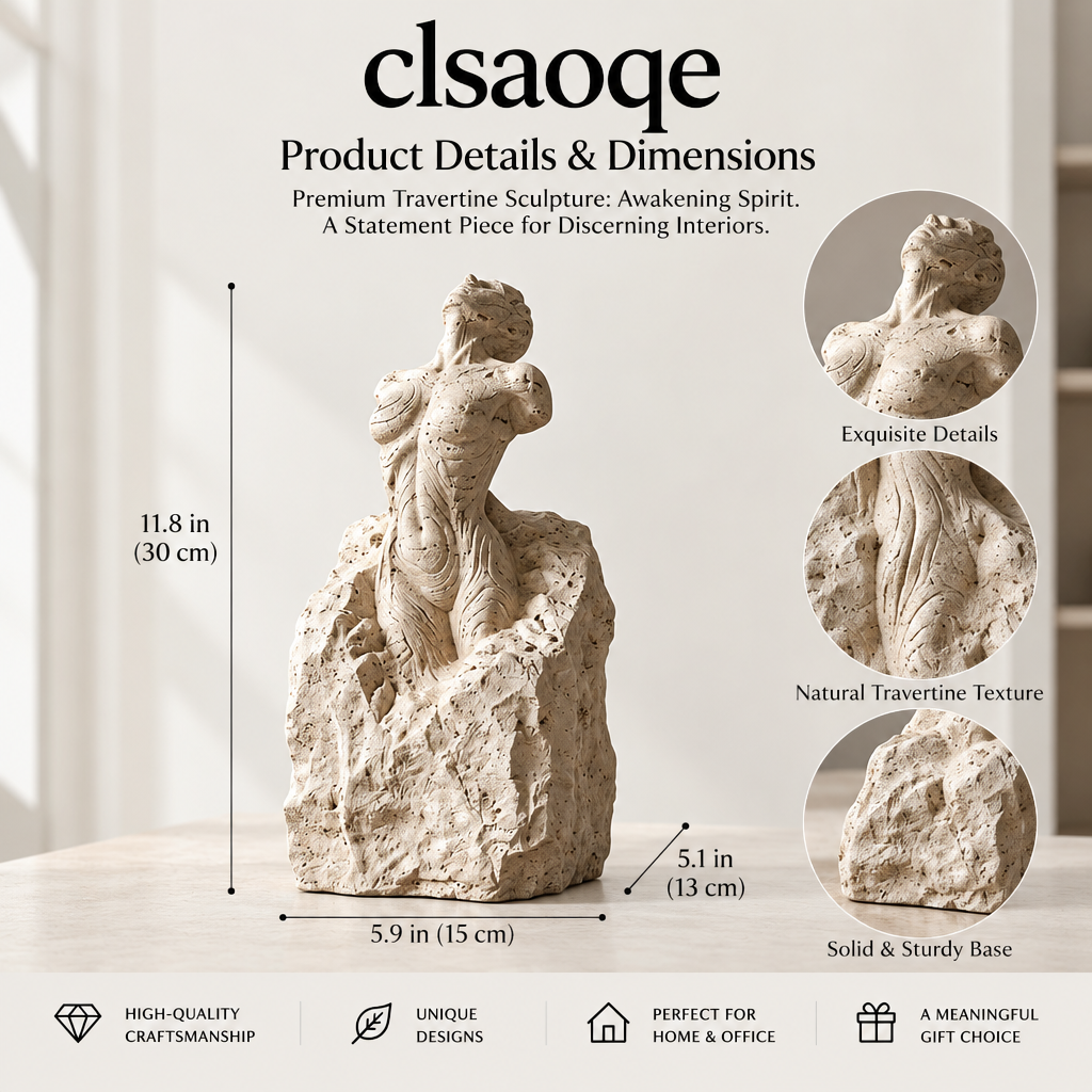 clsaoqe Natural Travertine Torso Sculpture, Handcrafted Abstract Female Body Statue, Modern Raw Stone Aesthetic Art Decor for Living Room, Bookshelf, and Office
