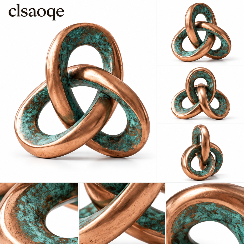 clsaoqe Handcrafted Metal Knot Sculpture, Modern Abstract Interlocking Tabletop Decor for Living Room, Bookshelf, Coffee Table & Office (Rustic Copper & Turquoise Finish, 7.5" x 7.1")