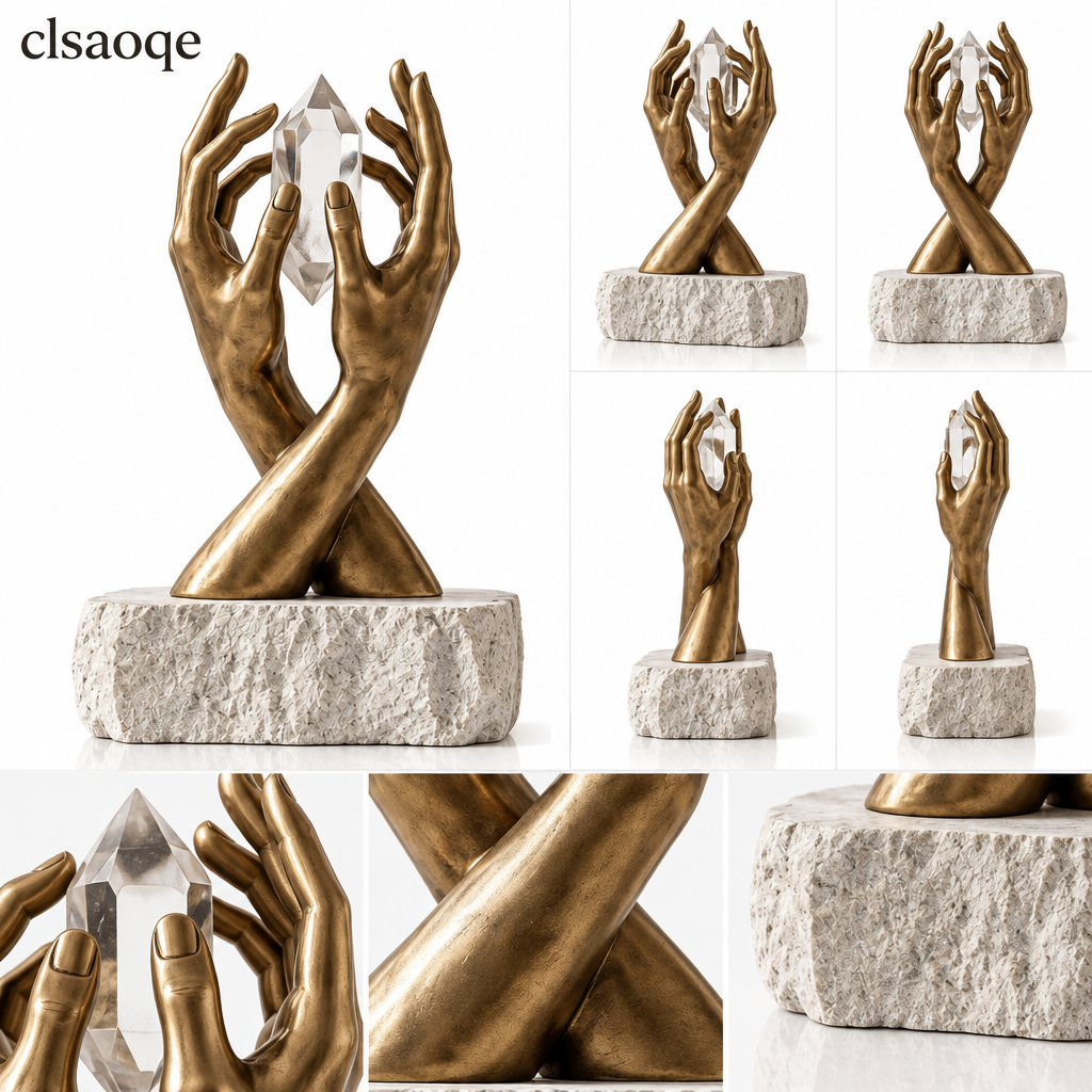 clsaoqe Modern Hands Holding Natural Crystal Sculpture with Solid Stone Base, 11" Hand-Painted Bronze Finish Art Figurine, Aesthetic Tabletop Decor for Living Room, Office & Home