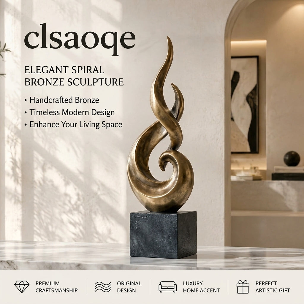 clsaoqe Elegant Spiral Bronze Sculpture - 15.7" Modern Abstract Flame Art Statue with Natural Stone Base & Anti-Scratch Pads, Luxury Centerpiece Decor for Living Room, Office Desk, Entryway