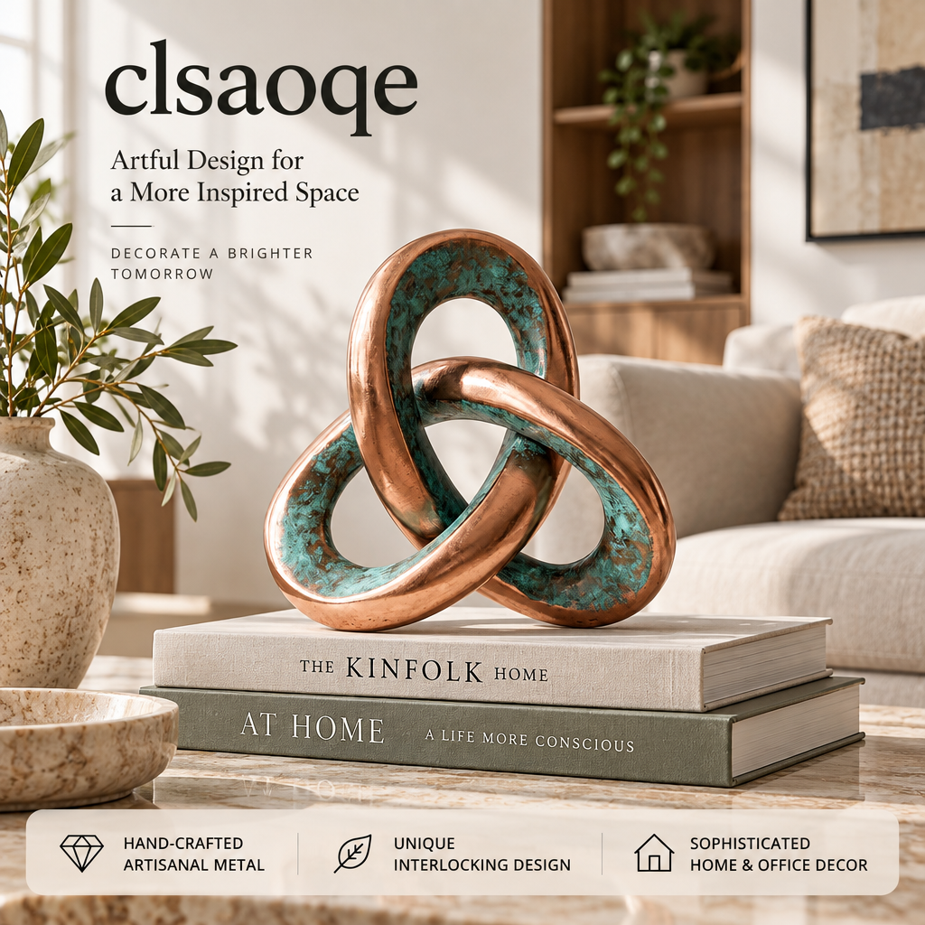 clsaoqe Handcrafted Metal Knot Sculpture, Modern Abstract Interlocking Tabletop Decor for Living Room, Bookshelf, Coffee Table & Office (Rustic Copper & Turquoise Finish, 7.5" x 7.1")