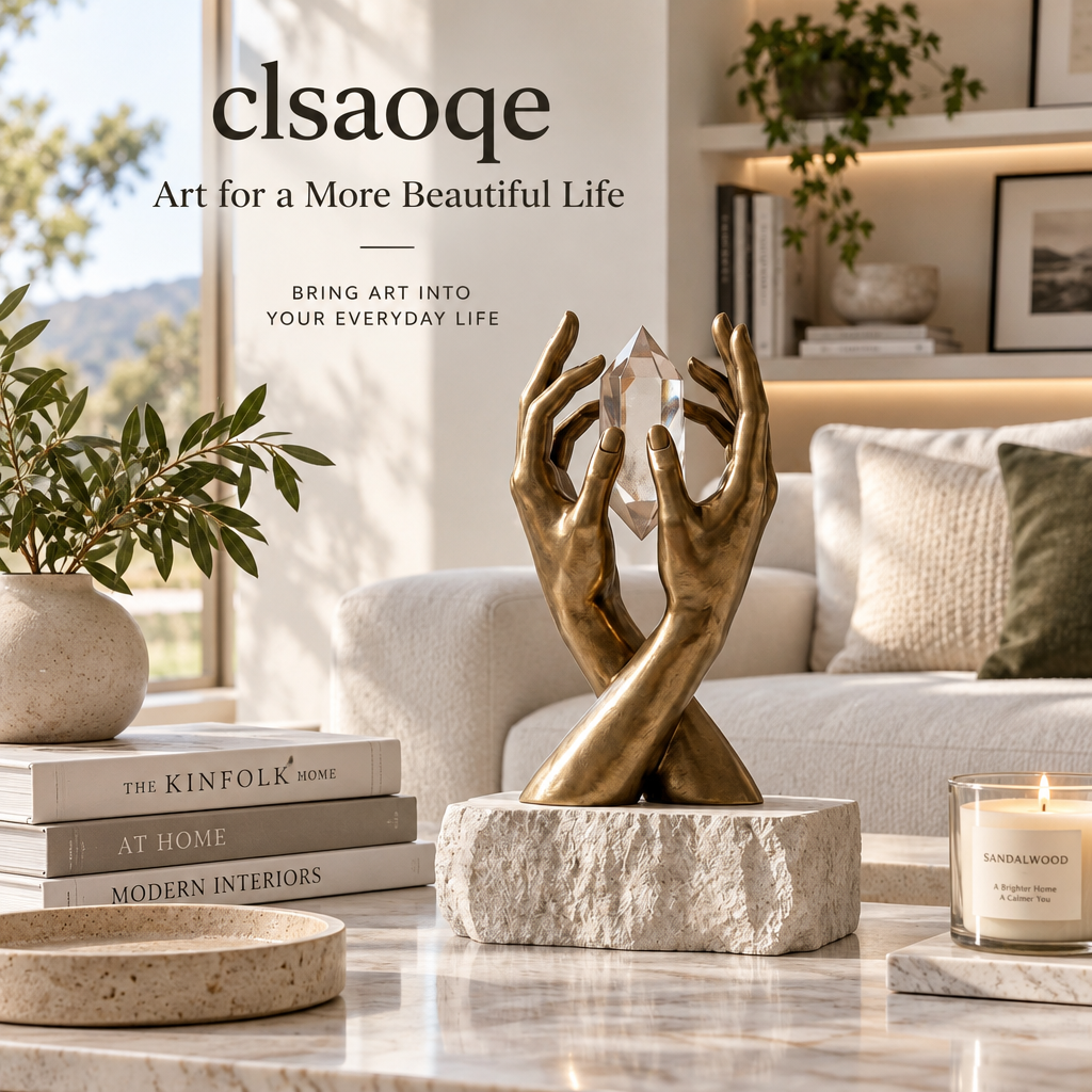 clsaoqe Modern Hands Holding Natural Crystal Sculpture with Solid Stone Base, 11" Hand-Painted Bronze Finish Art Figurine, Aesthetic Tabletop Decor for Living Room, Office & Home
