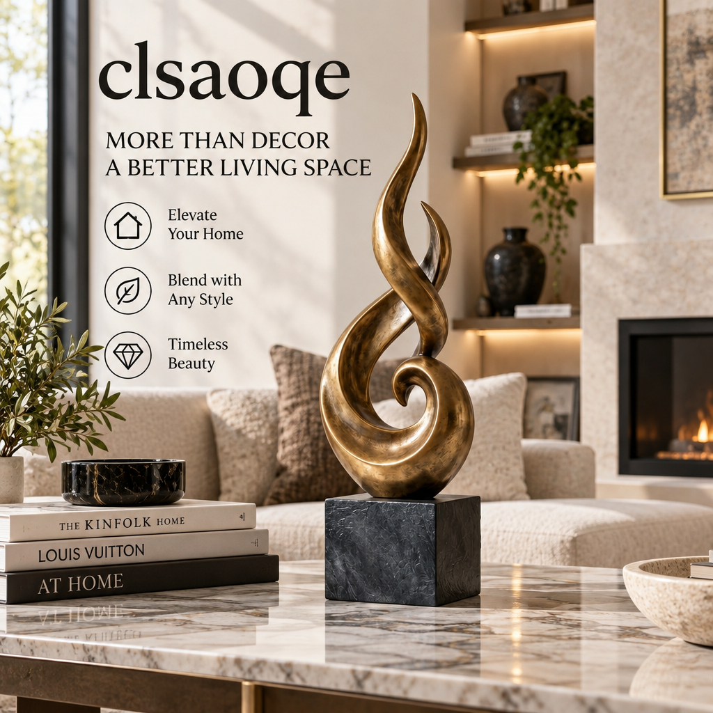 clsaoqe Elegant Spiral Bronze Sculpture - 15.7" Modern Abstract Flame Art Statue with Natural Stone Base & Anti-Scratch Pads, Luxury Centerpiece Decor for Living Room, Office Desk, Entryway