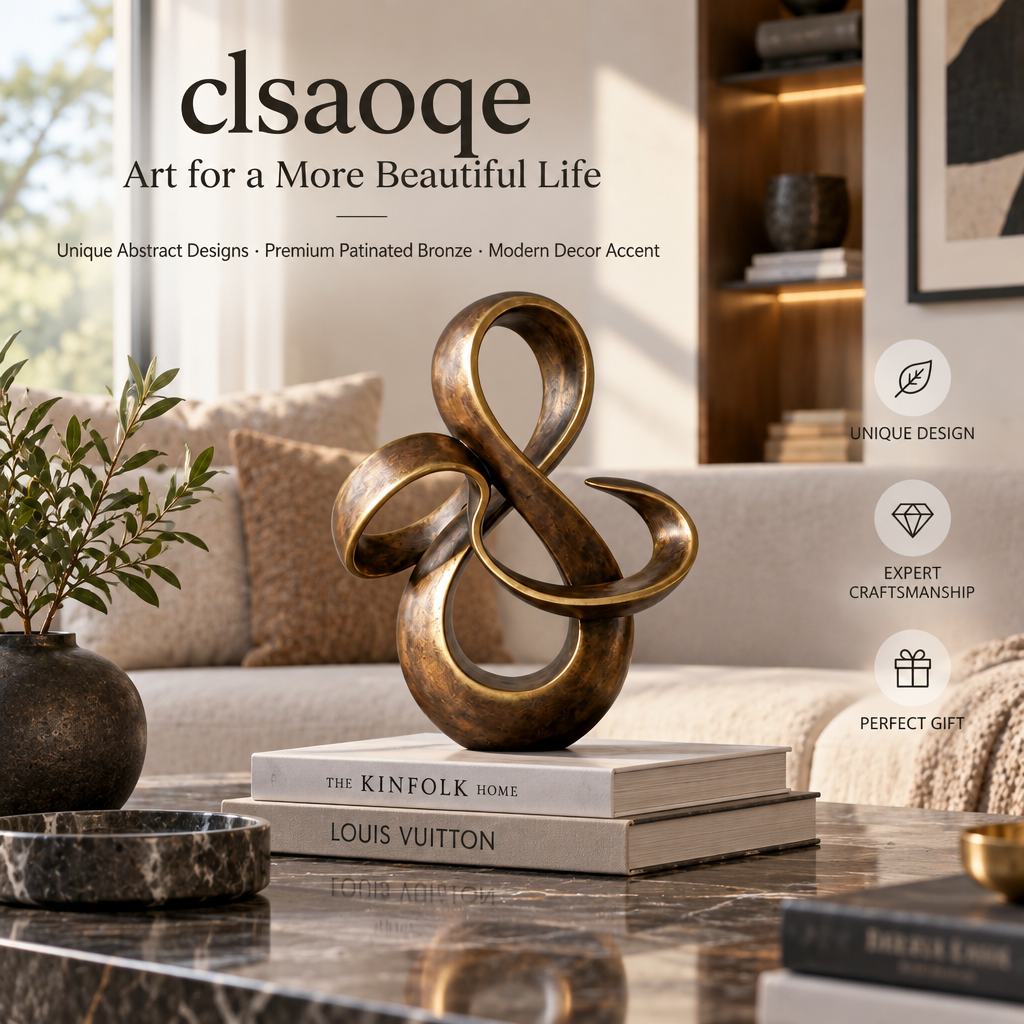 clsaoqe Modern Abstract Ribbon Sculpture - Handcrafted Patinated Bronze Art Statue with Heavy Base for Living Room, Bookshelf & Office Decor, Meaningful Gift for Home Accents
