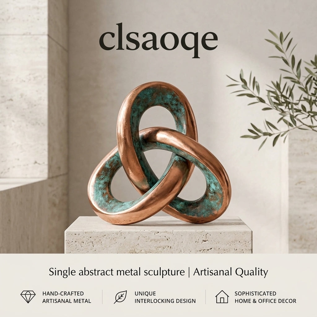 clsaoqe Handcrafted Metal Knot Sculpture, Modern Abstract Interlocking Tabletop Decor for Living Room, Bookshelf, Coffee Table & Office (Rustic Copper & Turquoise Finish, 7.5" x 7.1")