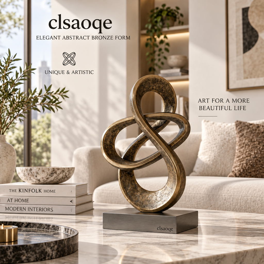 clsaoqe Modern Abstract Infinity Sculpture, Bronze Loop Art Statue with Solid Base, Contemporary Home Decor Accent for Living Room, Bookshelf, Office Desk & Console Table