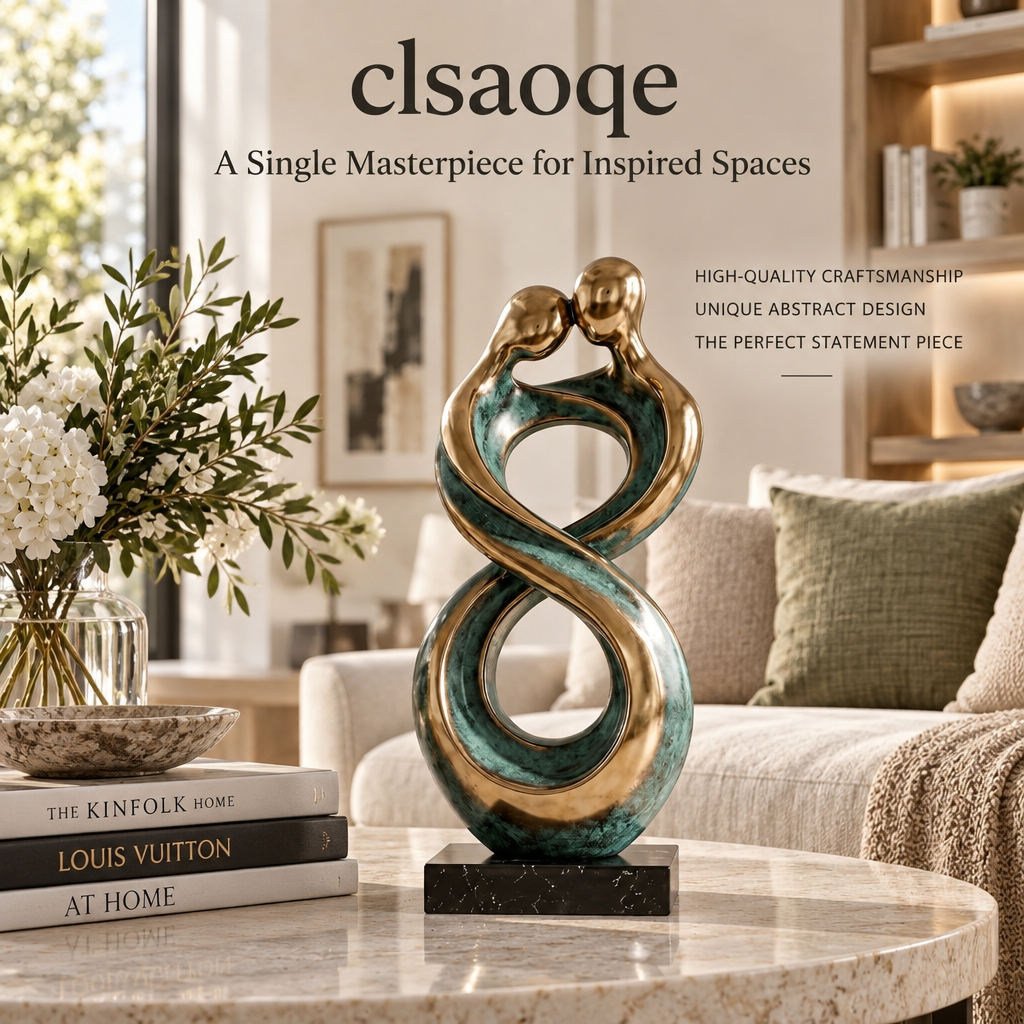 clsaoqe Abstract Couple Infinity Statue - Modern Gold and Antique Green Art Sculpture with Marble Base, Romantic Resin Figurine Home Decor Accent for Living Room, Bookshelf, Bedroom, Wedding & Anniversary Gift