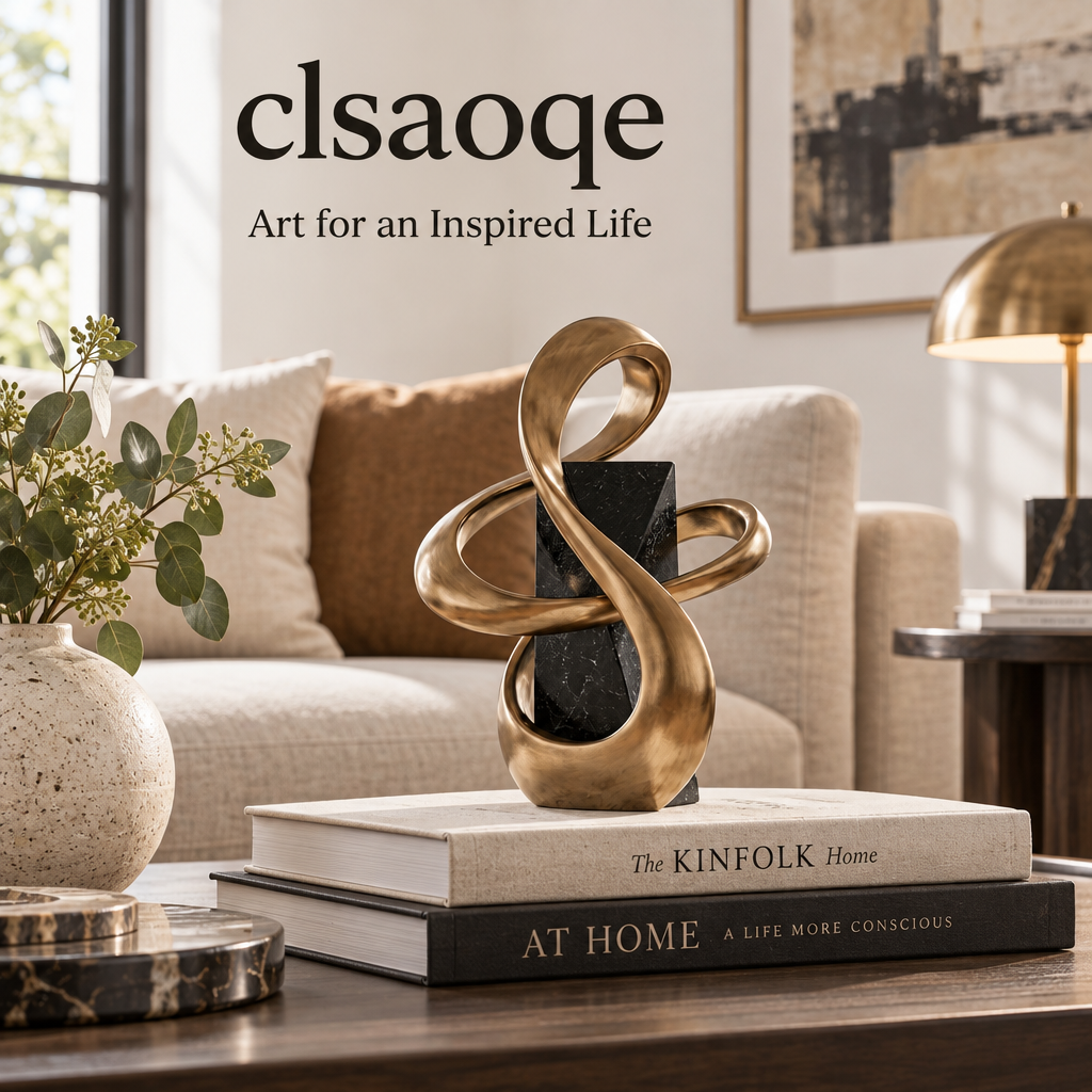 clsaoqe Modern Abstract Ribbon Sculpture - Luxury Brushed Gold Art Statue with Black Marble-Look Base for Living Room, Shelf, Office & Home Decor (11.8 Inch)