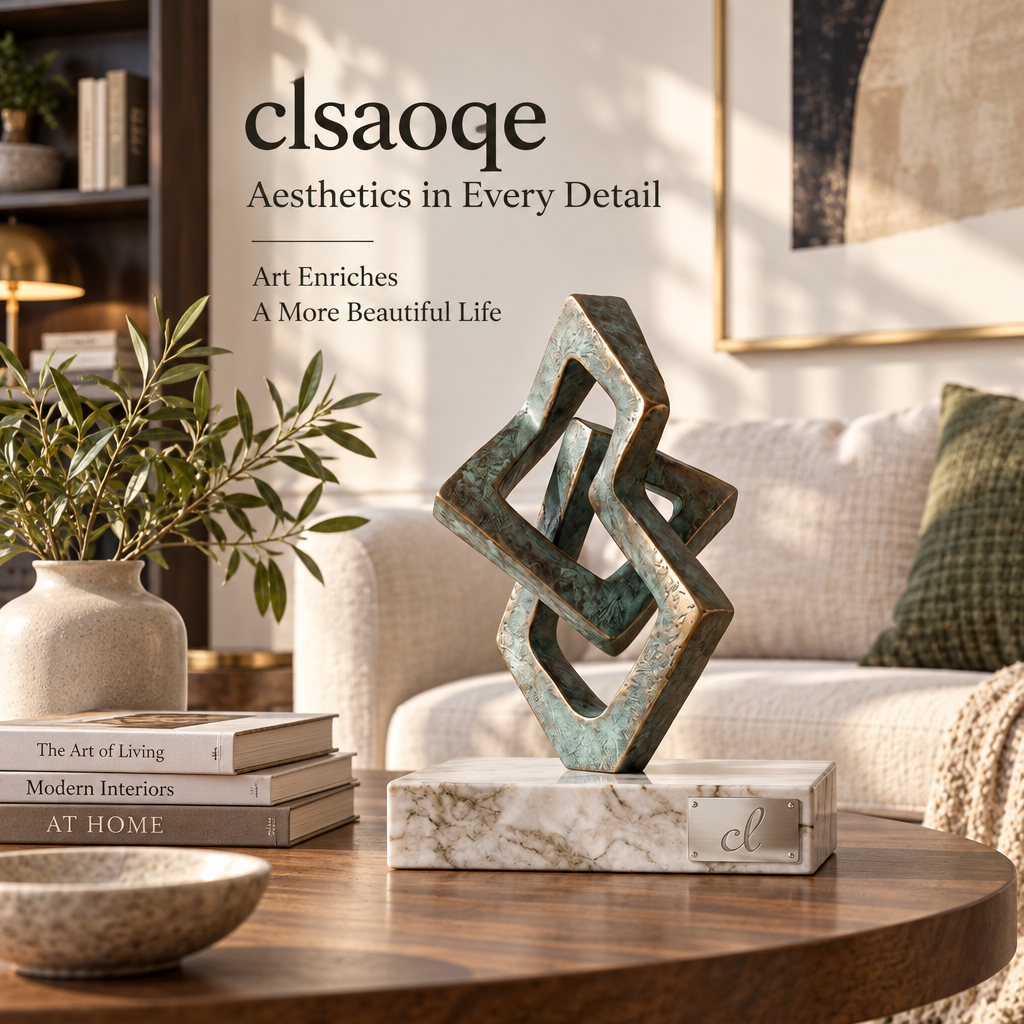 clsaoqe Abstract Geometric Bronze Sculpture with Natural Marble Base – Modern Interlocking Tabletop Art Decor for Living Room, Office, Bookshelf