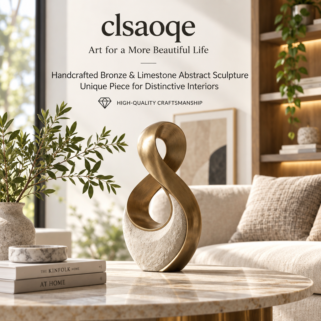 clsaoqe Modern Abstract Infinity Sculpture - Handcrafted Brushed Bronze & Textured Stone Accent Statue, Contemporary Tabletop Centerpiece for Living Room, Entryway, Office Decor