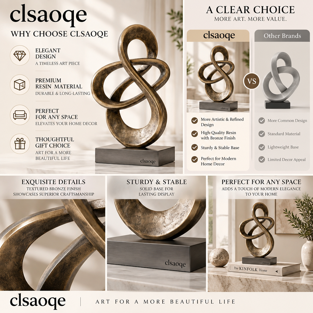 clsaoqe Modern Abstract Infinity Sculpture, Bronze Loop Art Statue with Solid Base, Contemporary Home Decor Accent for Living Room, Bookshelf, Office Desk & Console Table