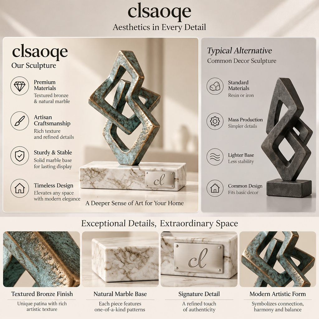 clsaoqe Abstract Geometric Bronze Sculpture with Natural Marble Base – Modern Interlocking Tabletop Art Decor for Living Room, Office, Bookshelf