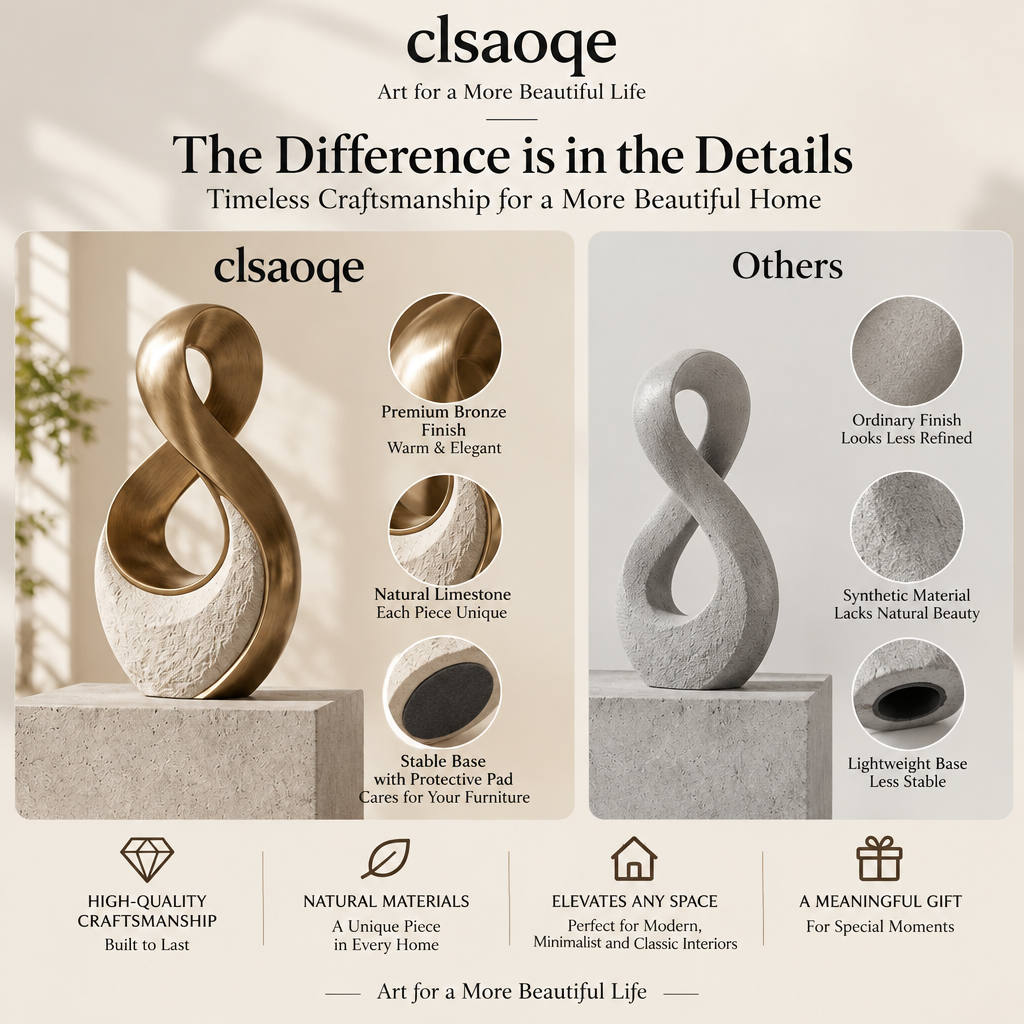 clsaoqe Modern Abstract Infinity Sculpture - Handcrafted Brushed Bronze & Textured Stone Accent Statue, Contemporary Tabletop Centerpiece for Living Room, Entryway, Office Decor