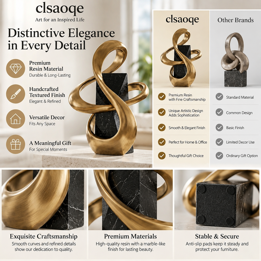 clsaoqe Modern Abstract Ribbon Sculpture - Luxury Brushed Gold Art Statue with Black Marble-Look Base for Living Room, Shelf, Office & Home Decor (11.8 Inch)