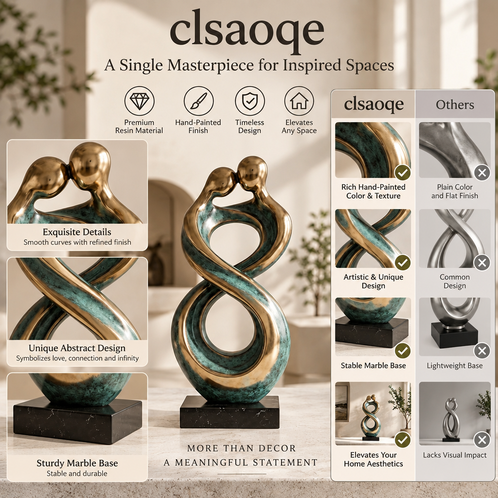 clsaoqe Abstract Couple Infinity Statue - Modern Gold and Antique Green Art Sculpture with Marble Base, Romantic Resin Figurine Home Decor Accent for Living Room, Bookshelf, Bedroom, Wedding & Anniversary Gift