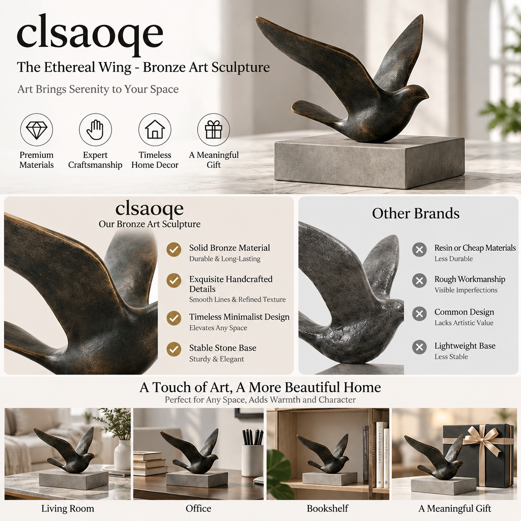 clsaoqe The Ethereal Wing Bronze Bird Sculpture - Modern Abstract Tabletop Decor & Statue for Living Room, Office & Bookshelf