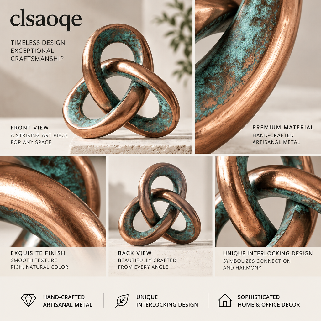 clsaoqe Handcrafted Metal Knot Sculpture, Modern Abstract Interlocking Tabletop Decor for Living Room, Bookshelf, Coffee Table & Office (Rustic Copper & Turquoise Finish, 7.5" x 7.1")
