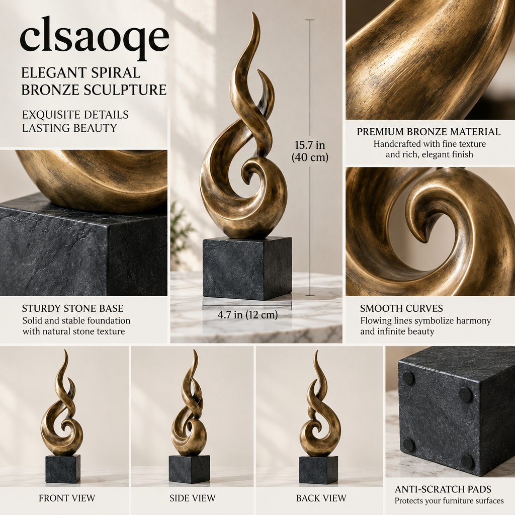 clsaoqe Elegant Spiral Bronze Sculpture - 15.7" Modern Abstract Flame Art Statue with Natural Stone Base & Anti-Scratch Pads, Luxury Centerpiece Decor for Living Room, Office Desk, Entryway