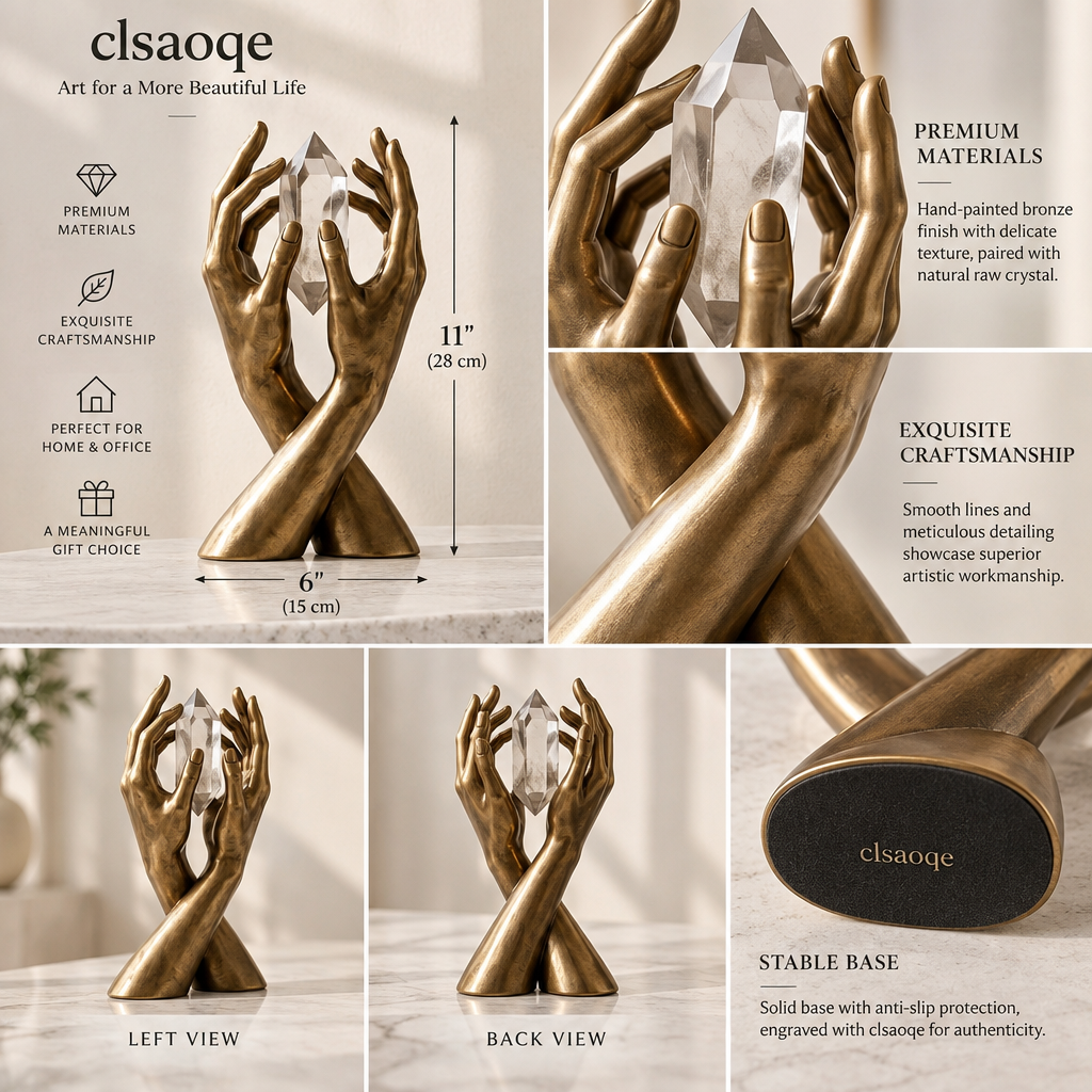 clsaoqe Modern Hands Holding Natural Crystal Sculpture with Solid Stone Base, 11" Hand-Painted Bronze Finish Art Figurine, Aesthetic Tabletop Decor for Living Room, Office & Home