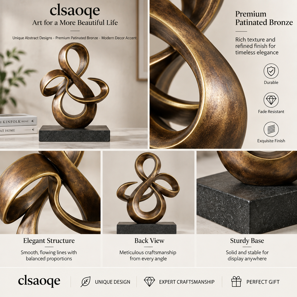clsaoqe Modern Abstract Ribbon Sculpture - Handcrafted Patinated Bronze Art Statue with Heavy Base for Living Room, Bookshelf & Office Decor, Meaningful Gift for Home Accents