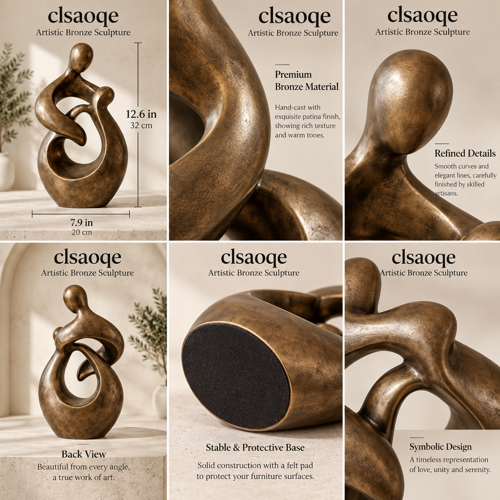 clsaoqe Artistic Bronze Sculpture - Modern Abstract Love & Family Statue, Hand-Cast Bronze Figurine Home Decor for Living Room, Office, Bookshelf, Mantel (11.8 Inch)