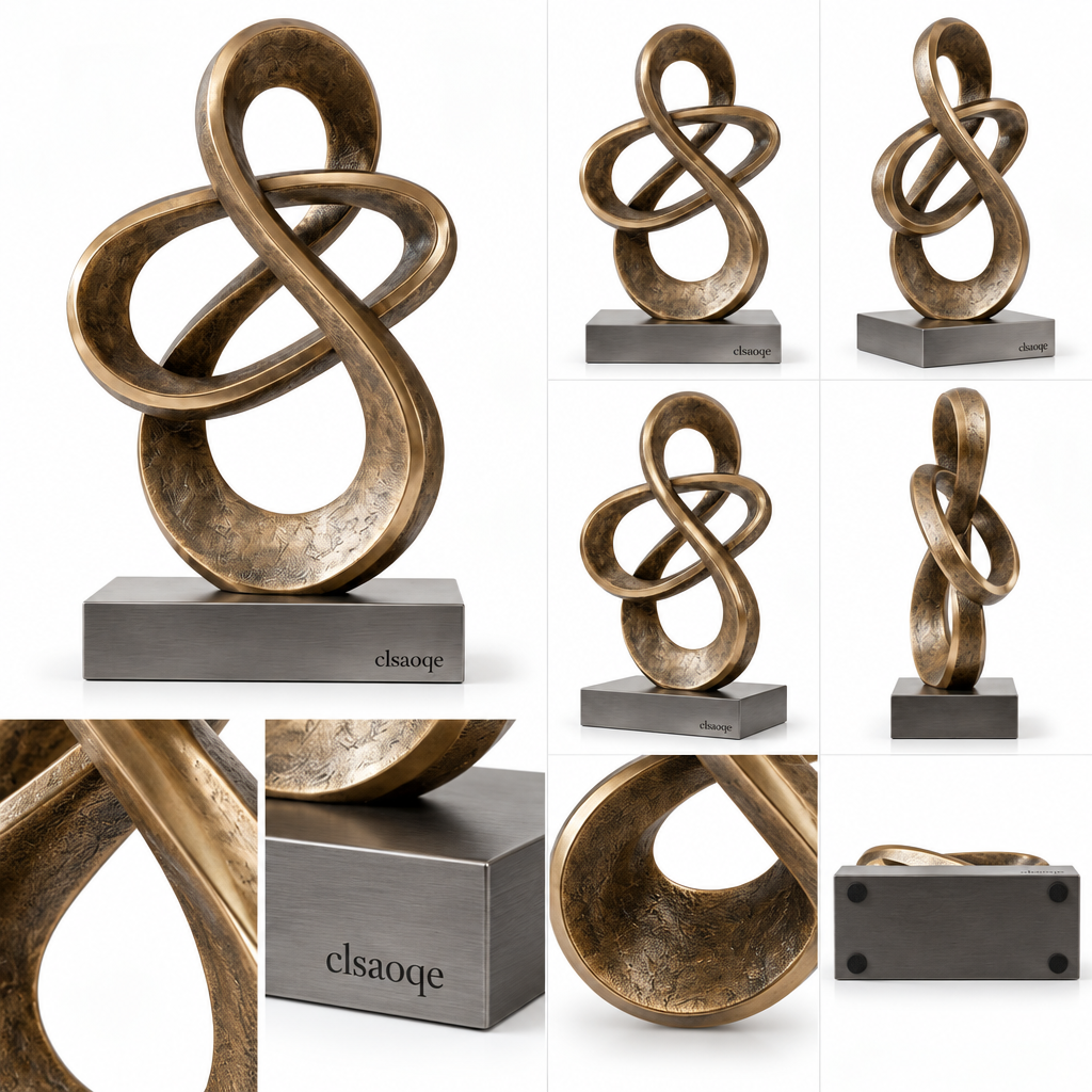 clsaoqe Modern Abstract Infinity Sculpture, Bronze Loop Art Statue with Solid Base, Contemporary Home Decor Accent for Living Room, Bookshelf, Office Desk & Console Table