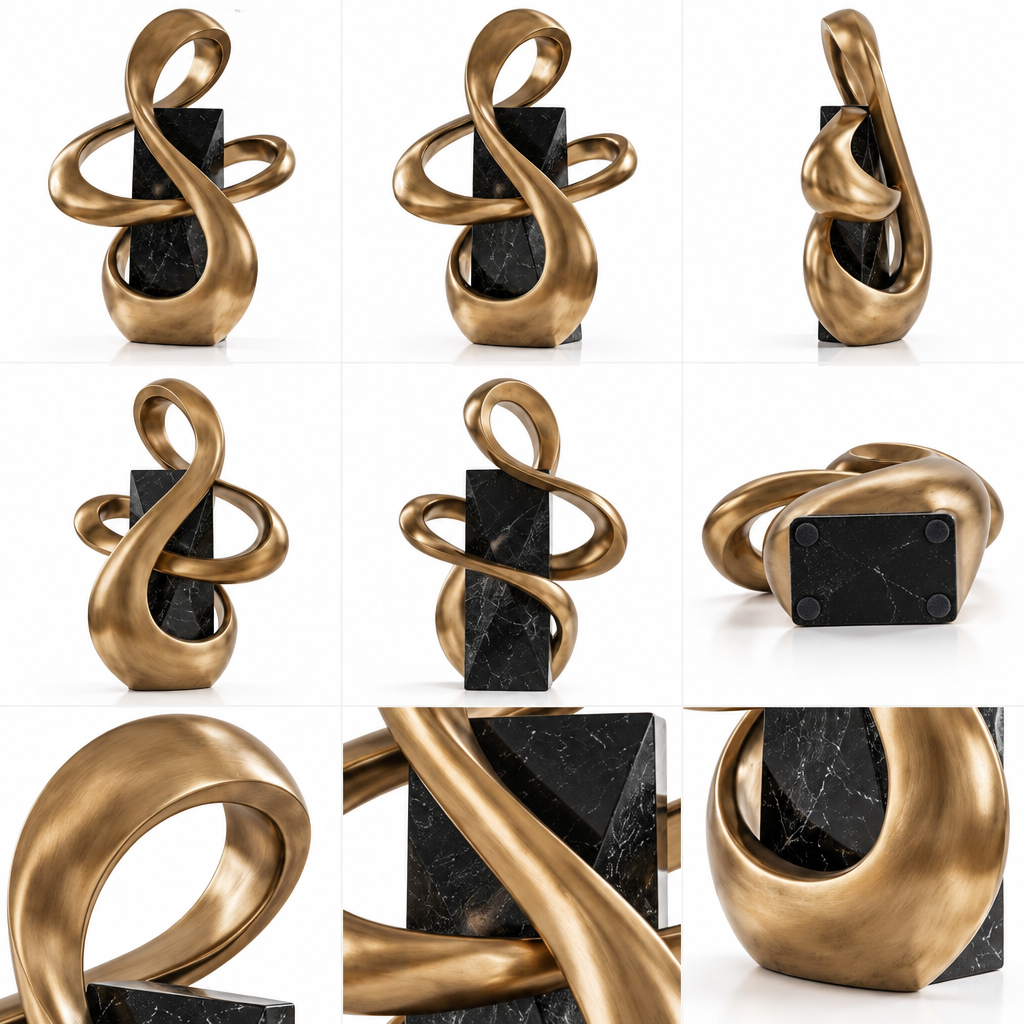 clsaoqe Modern Abstract Ribbon Sculpture - Luxury Brushed Gold Art Statue with Black Marble-Look Base for Living Room, Shelf, Office & Home Decor (11.8 Inch)